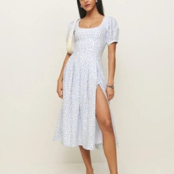 NEW Reformation Coucou Midi Linen Dress Hanna White Blue Floral | US 4 UK 8 - Picture 2 of 15